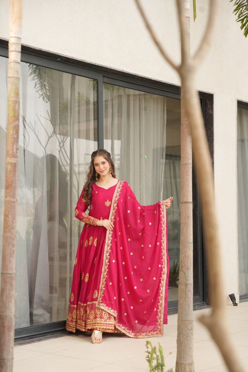 Rudrika Pink Embroidered Gown in soft Star Georgette with intricate zari and sequin work, full-length 56-inch flare gown with matching embroidered dupatta, elegant pan neck design, perfect for weddings and festive occasions