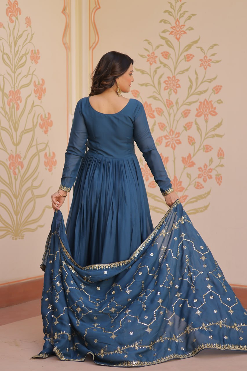 Rama Blue Star Georgette Zari Sequins Embroidered Gown with Dupatta