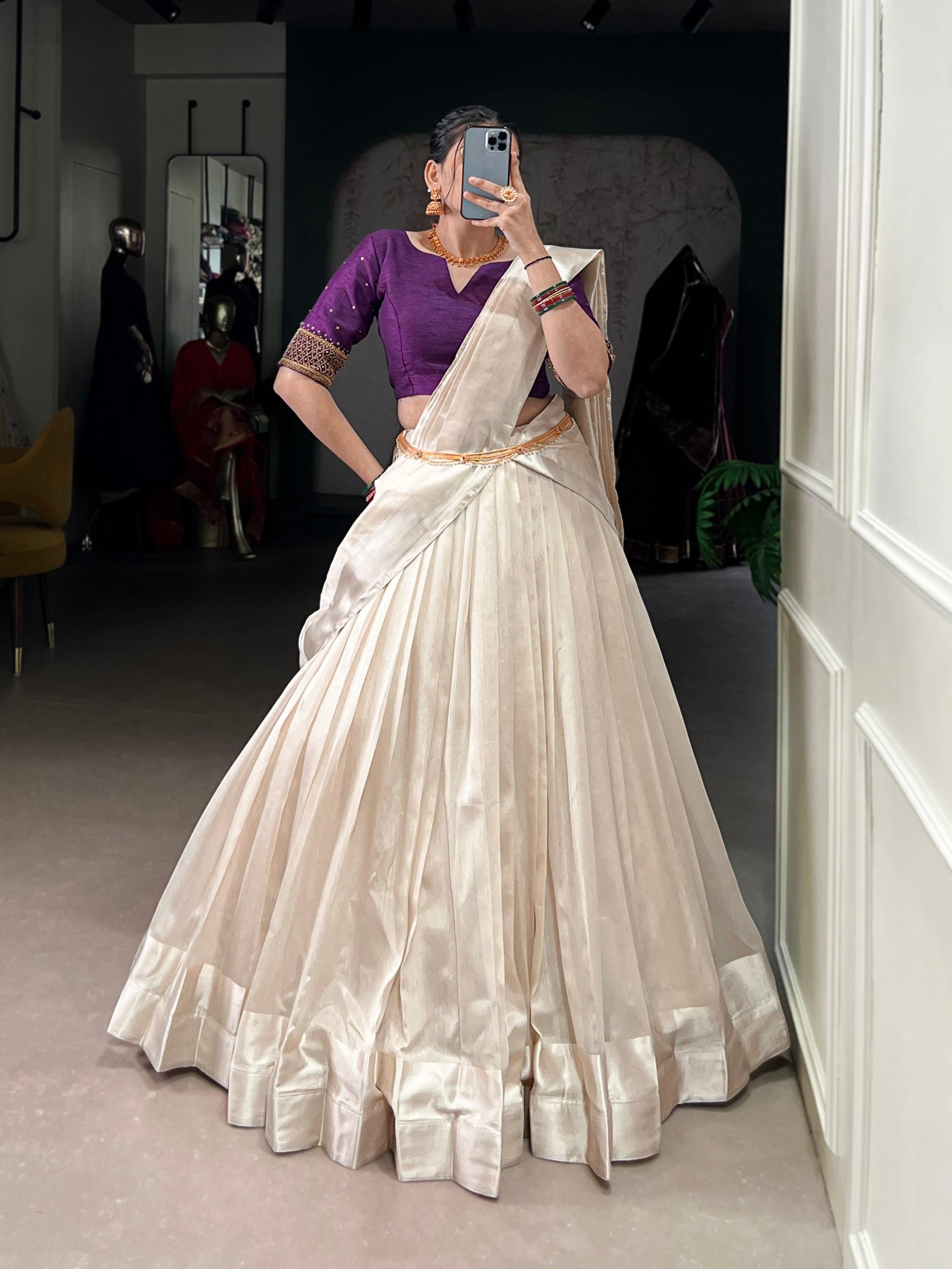 Off White Poly Tasar Viscose Border and Bead Work Traditional Lehenga Choli