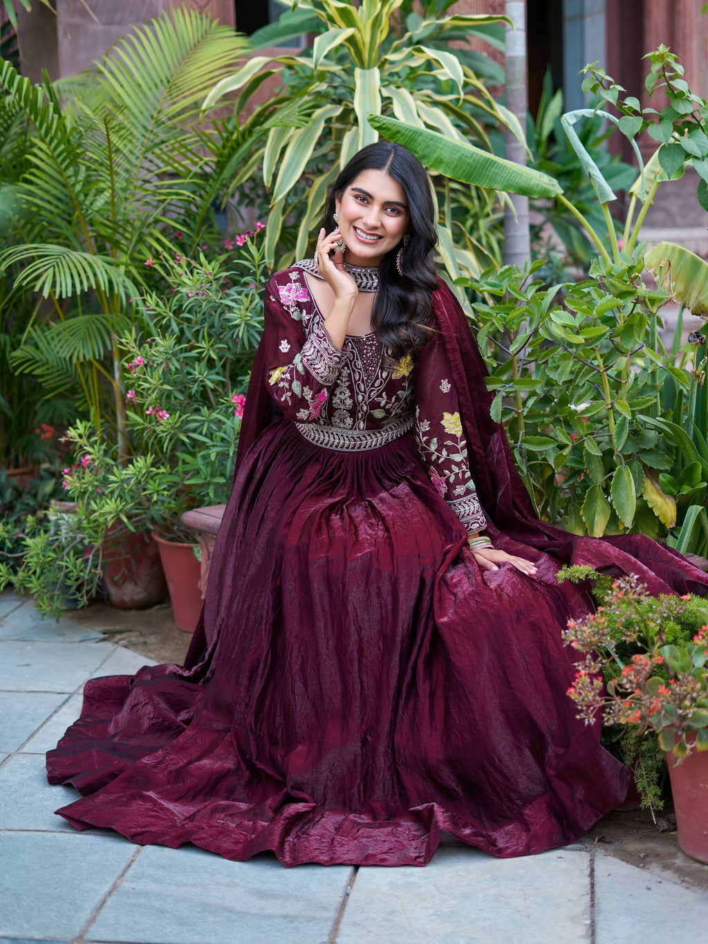 Dipa Wine Color Fendy Silk Embroidery Sequins Thread Work Gown with Dupatta