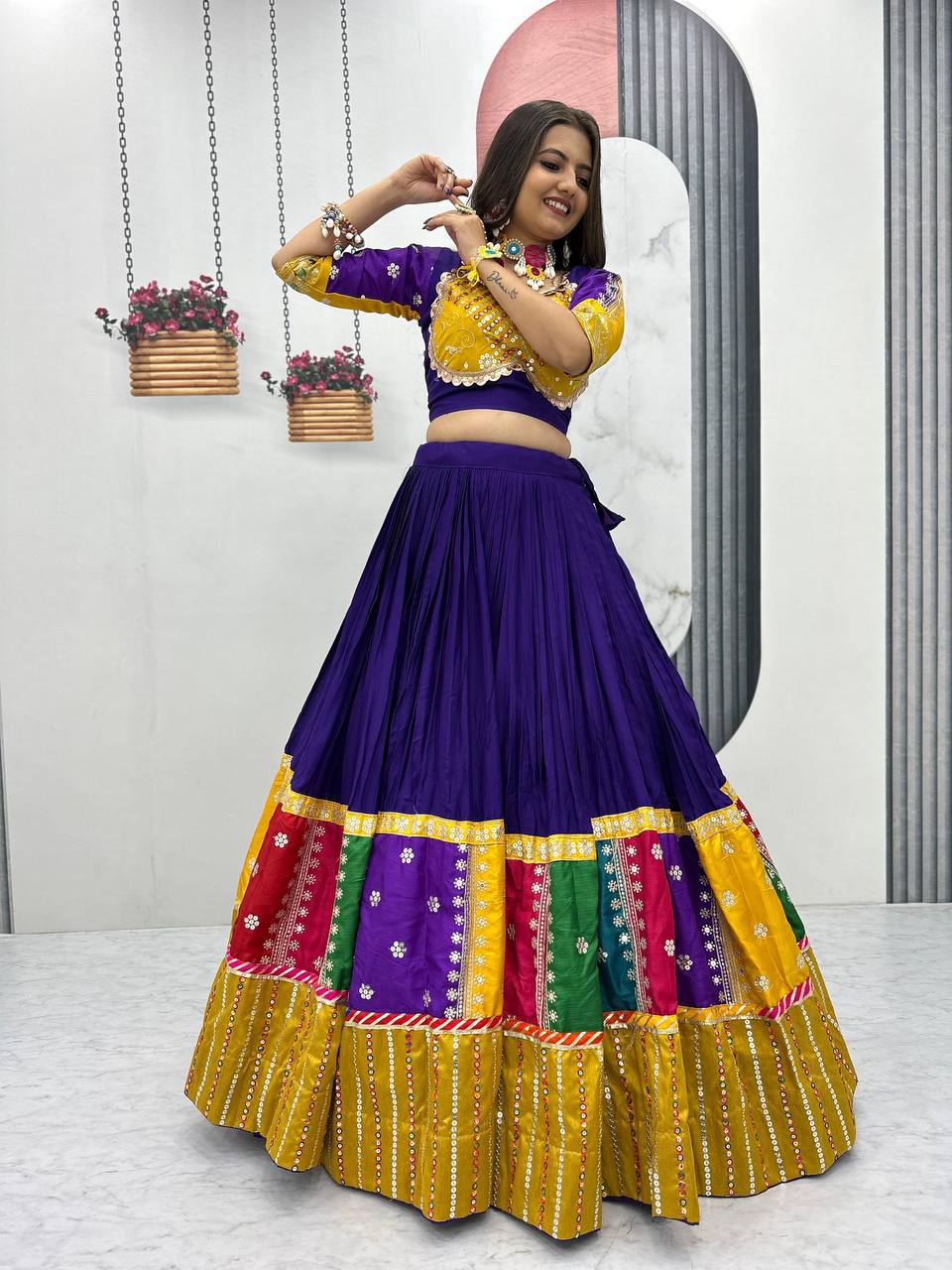 Purple Pure Cotton Embroidered Sequins Work Lehenga Choli with Dupatta