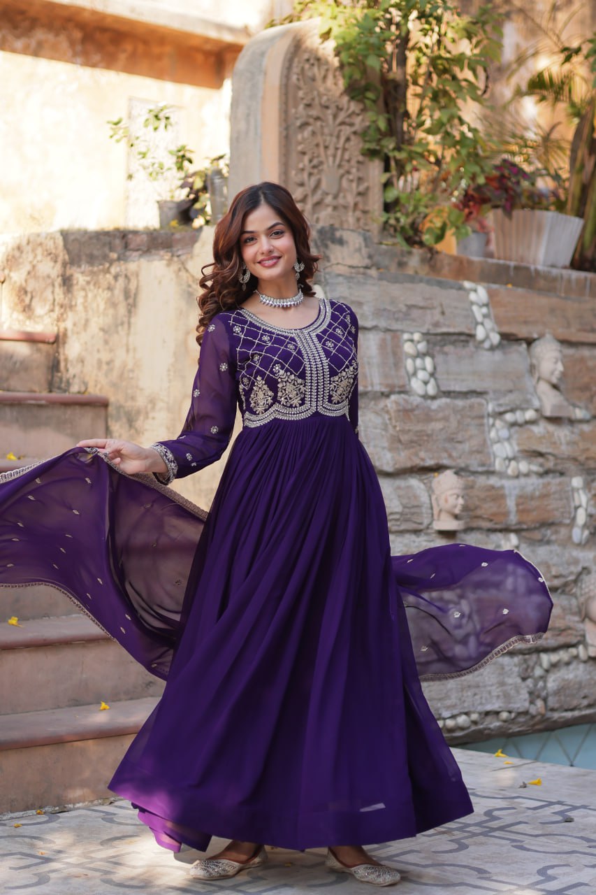 Chamvika Purple Designer Gown with Dupatta – party wear gown for women, long gown for wedding, Indian ethnic gown online, sequin embroidered gown, purple gown for reception, full sleeve gown dress, Indo western gown for girls, traditional Indian wear, stylish gown for engagement, readymade gown for festival, bridal gown with dupatta.