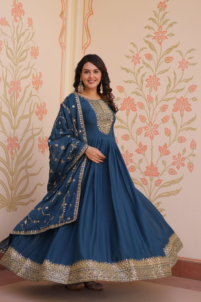 Rama Blue Star Georgette Zari Sequins Embroidered Gown with Dupatta