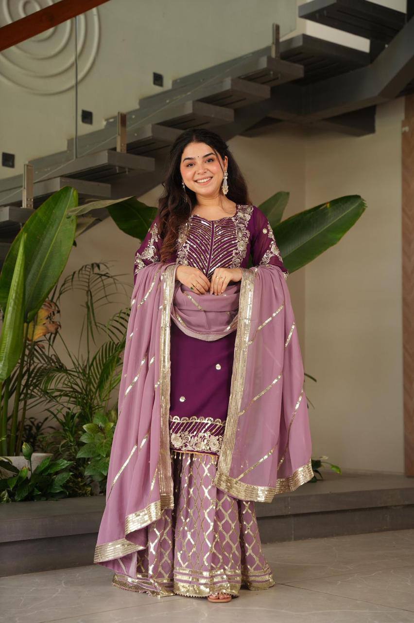 Purple Color Fox Georgette Embroidered Heavy Sequence Work Kurti Palazzo Set