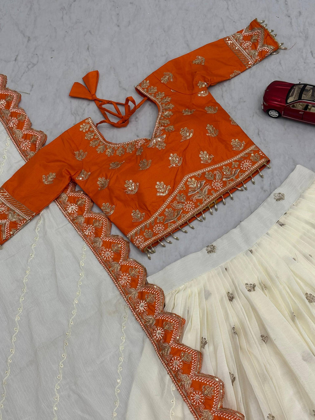 Orange chinon heavy embroidery lehenga choli with dupatta