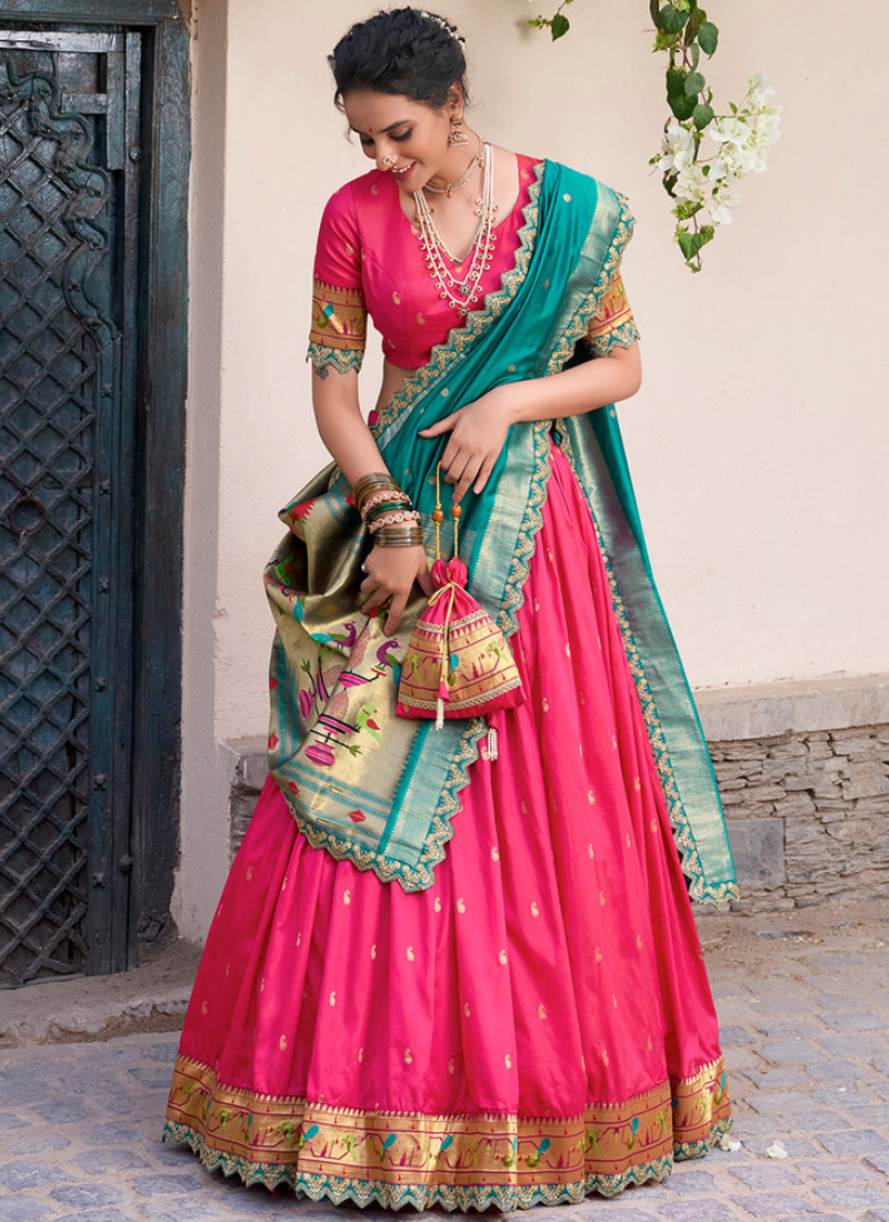 Shop Bright Pink Jacquard Silk Paithani Lehenga Choli with Dupatta & Batwa. Zari weaving, sequins work & 3.80m flair. Perfect for bridal & festive wear.
