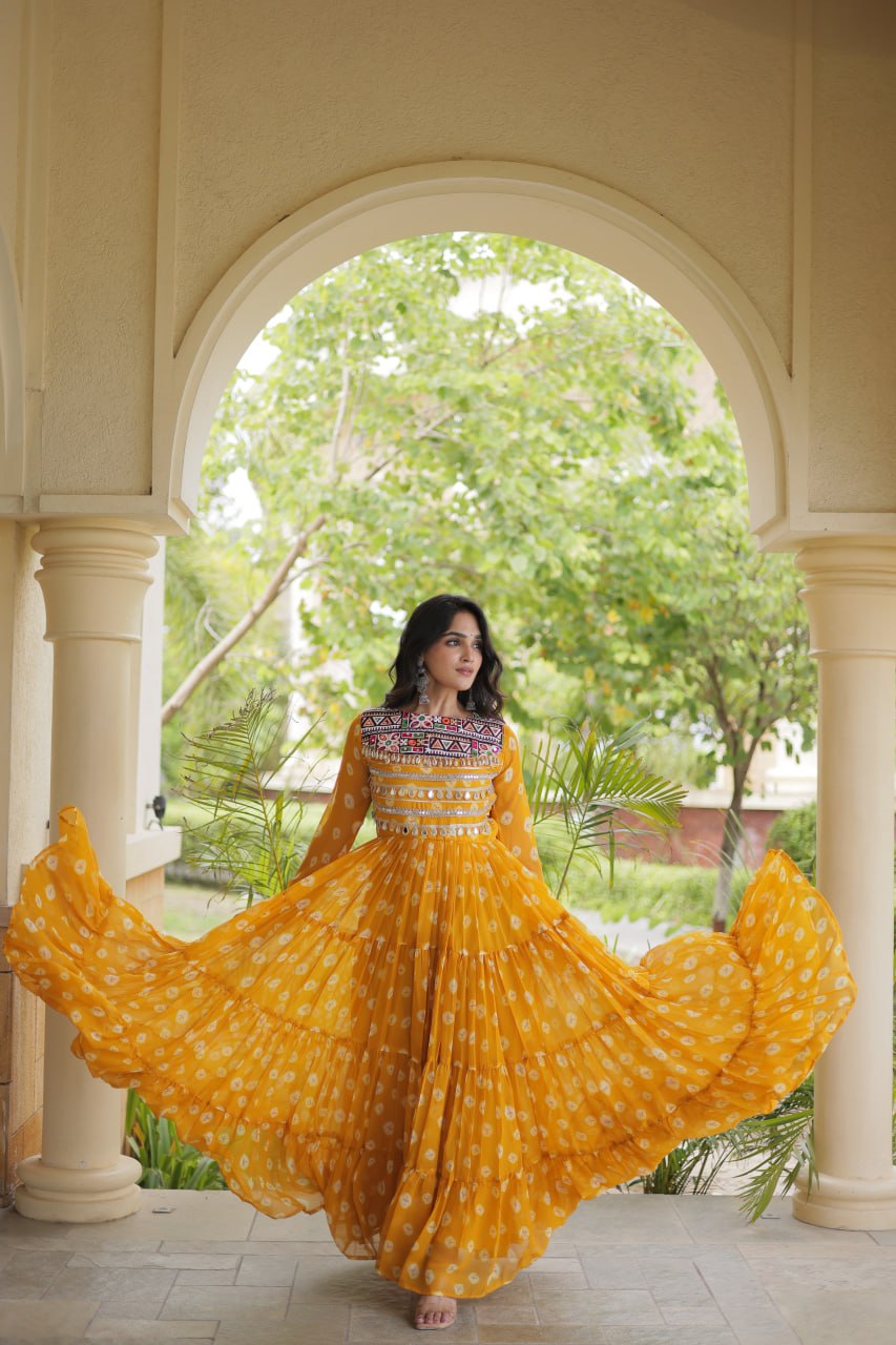 Lavanya Yellow Faux Georgette Bandhani Kutchi Patchwork Gown