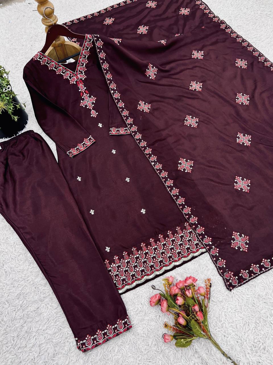 Anvitha Brown Chinon Silk Kurti Set with 5mm sequin embroidery, lace detailing & dupatta – festive ethnic wear for women.