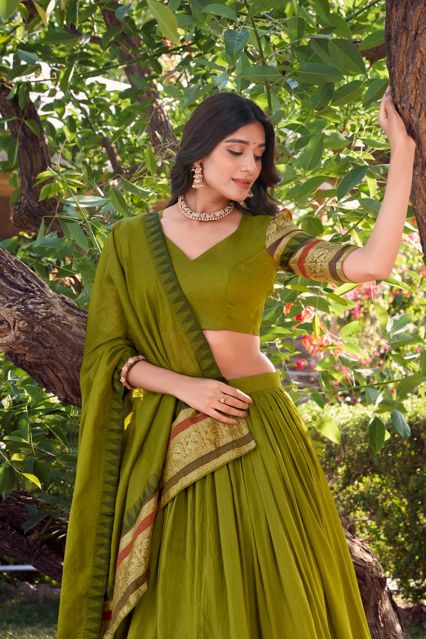 Green Pure Chanderi Lehenga Choli with Zari Weaving Work & Dupatta