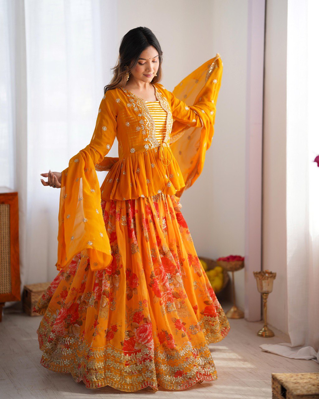 Yellow lehenga choli for Haldi, embroidered georgette lehenga with jacket, digital print lehenga, wedding lehenga set, Trinaari festive wear.