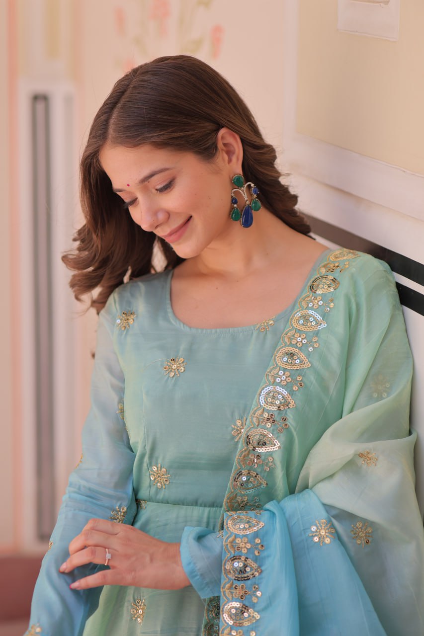 Sky blue organza flair sequins zari embroidery gown with dupatta