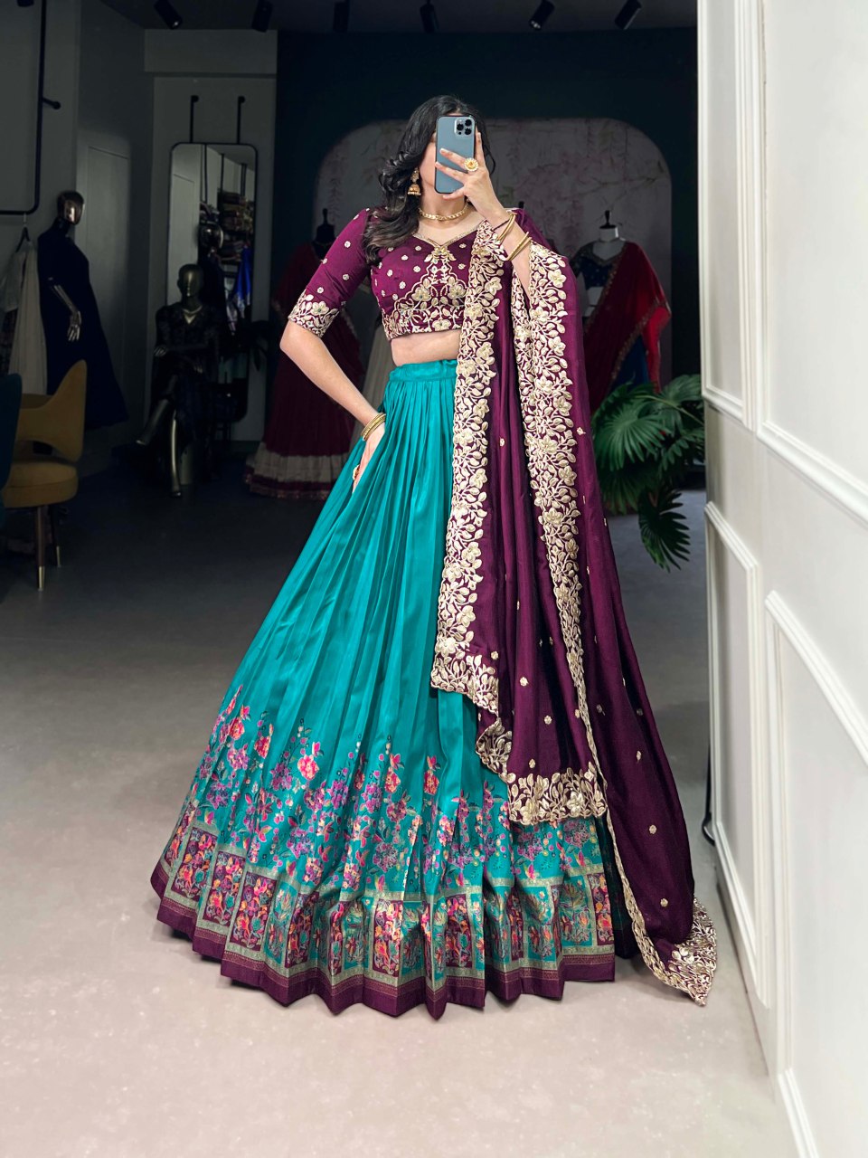 Teal Tussar silk lehenga with foil print and embroidered dupatta