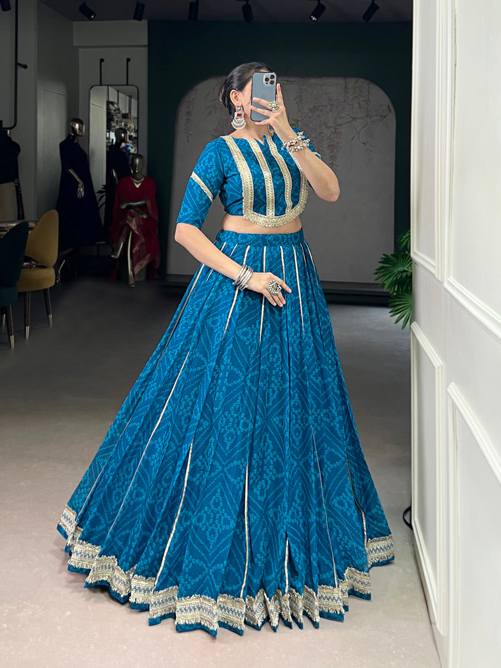 Blue Chiffon Bandhej Print Gota Patti Lace Work Lehenga Choli