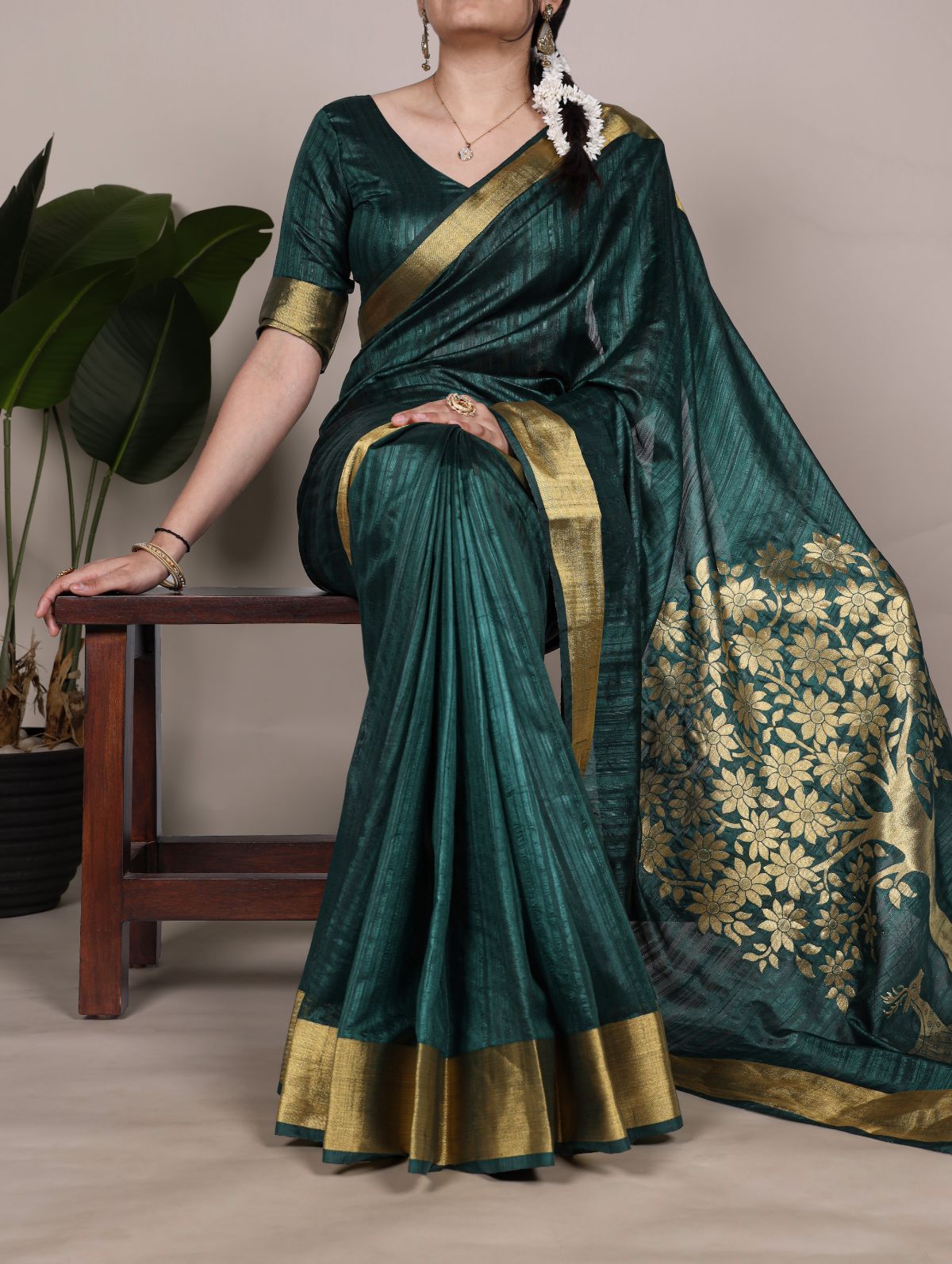 Green Color Raw Silk Zari Weaving Saree with Unstitched Blouse