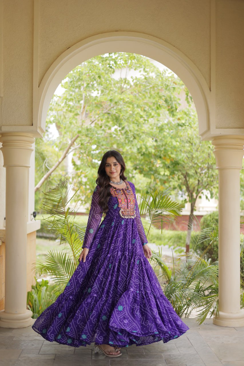 Ira Purple Faux Georgette Bandhani Kutchi Patchwork Gown