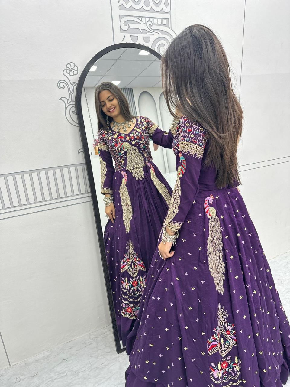 Mani purple Vichitra silk crop top peacock design lehenga with embroidered shrug