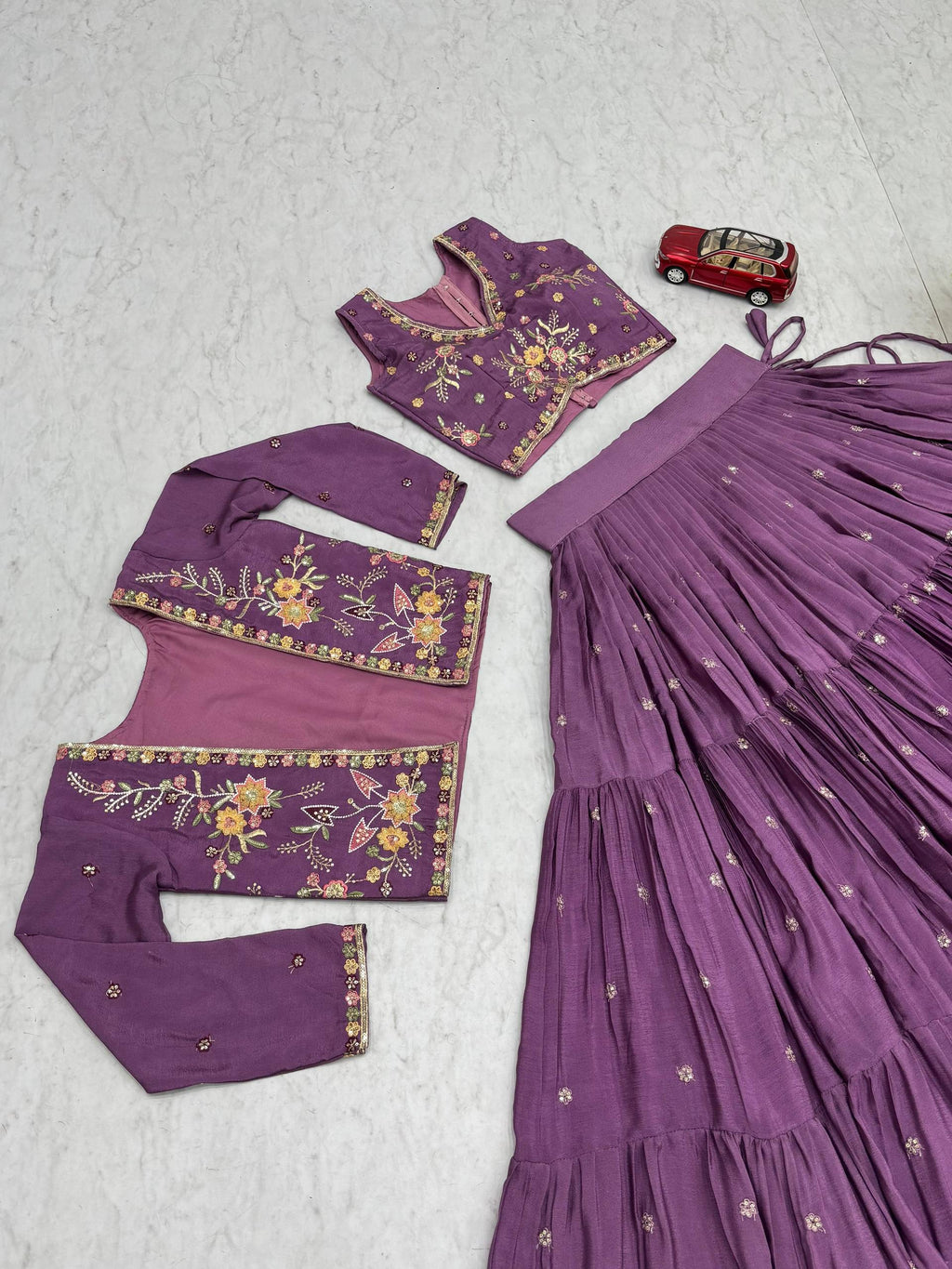 Purple chinon embroidered crop top lehenga with designer jacket