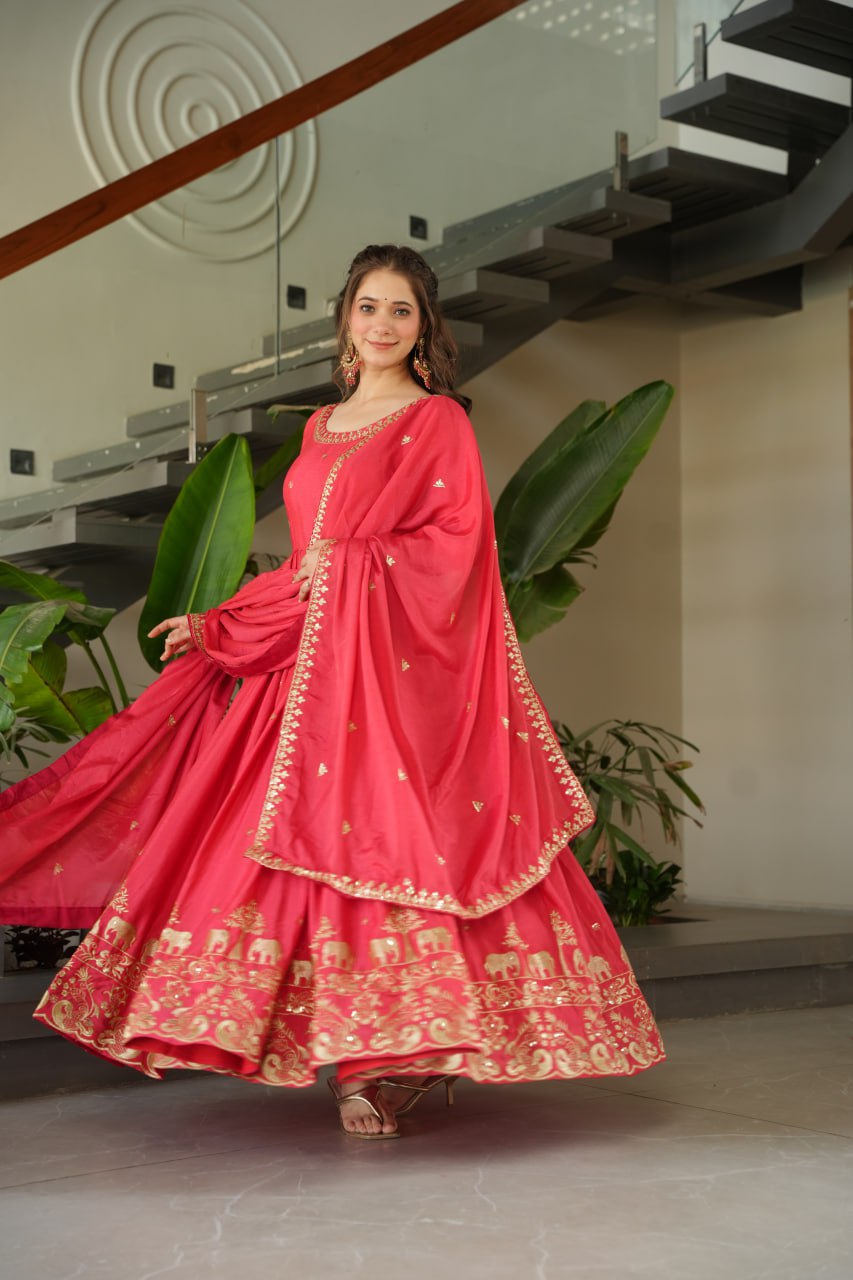 Harvisha Rani Pink Gown Set in premium Chinon Silk with sequin embroidery – ideal Indian ethnic wear for Indian weddings, festive wear, traditional wear, and Indian bride look. Perfect designer gown for online shopping in Indian fashion and clothing trends.