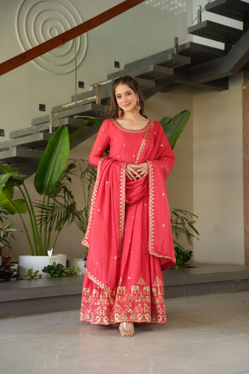 Harvisha Rani Pink Gown Set in premium Chinon Silk with sequin embroidery – ideal Indian ethnic wear for Indian weddings, festive wear, traditional wear, and Indian bride look. Perfect designer gown for online shopping in Indian fashion and clothing trends.