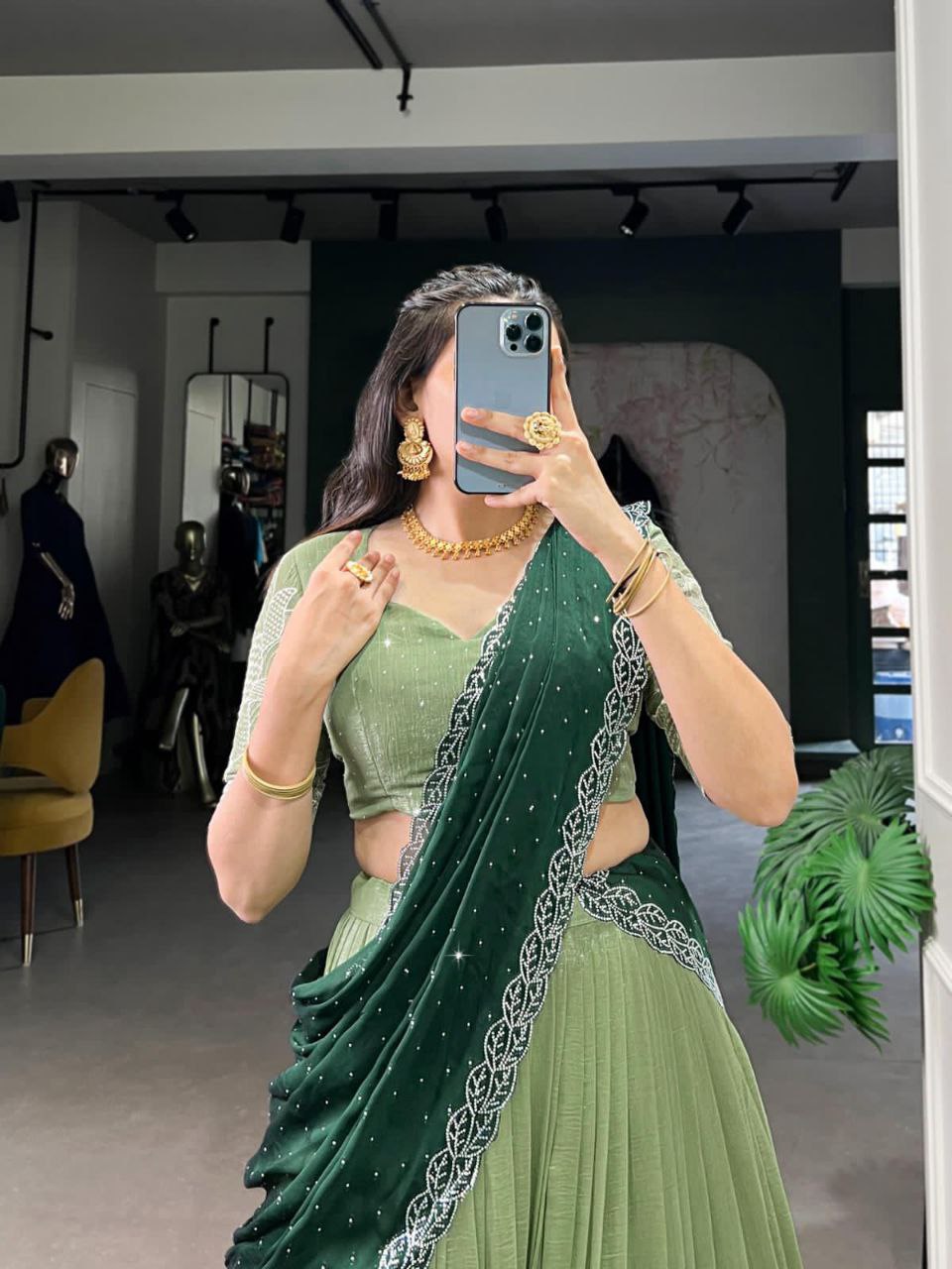 Pista Green Silver Glossy Embroidered with Hotfix Work Lehenga Choli