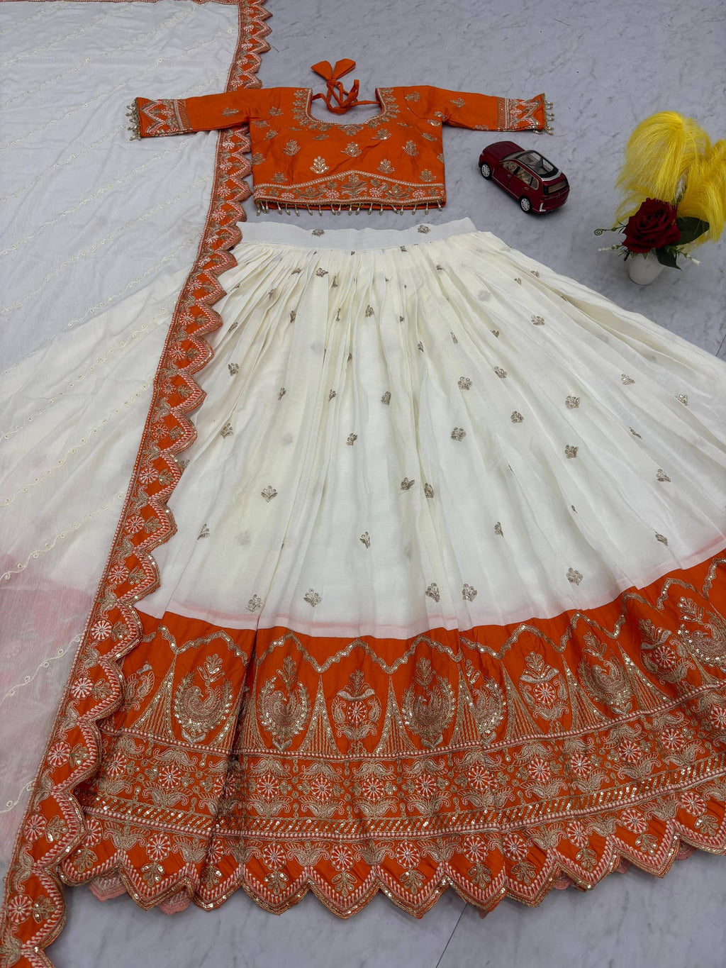 Orange chinon heavy embroidery lehenga choli with dupatta