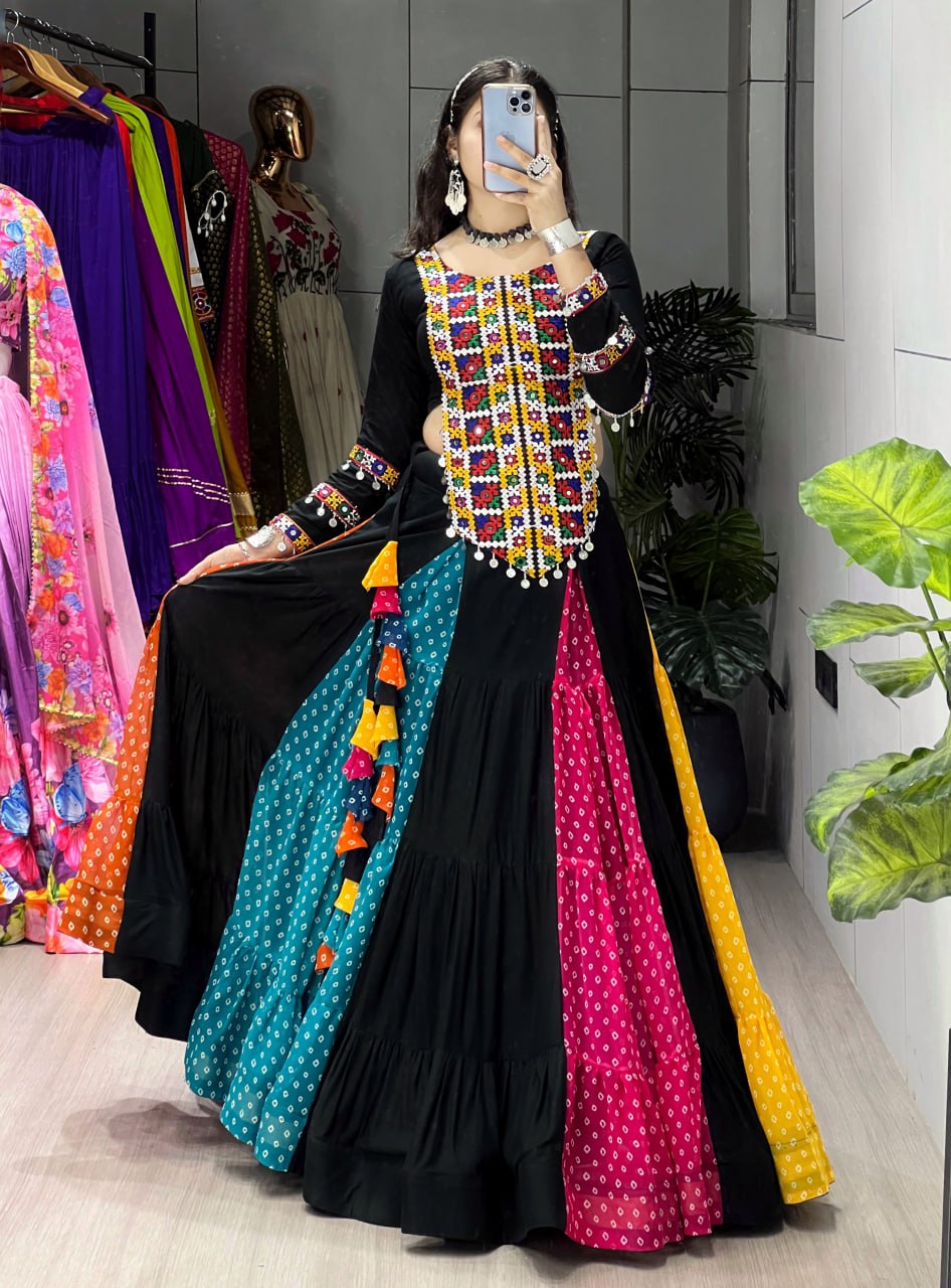 Black multicolor rayon cotton Bandhani print Kutchi mirror work top lehenga