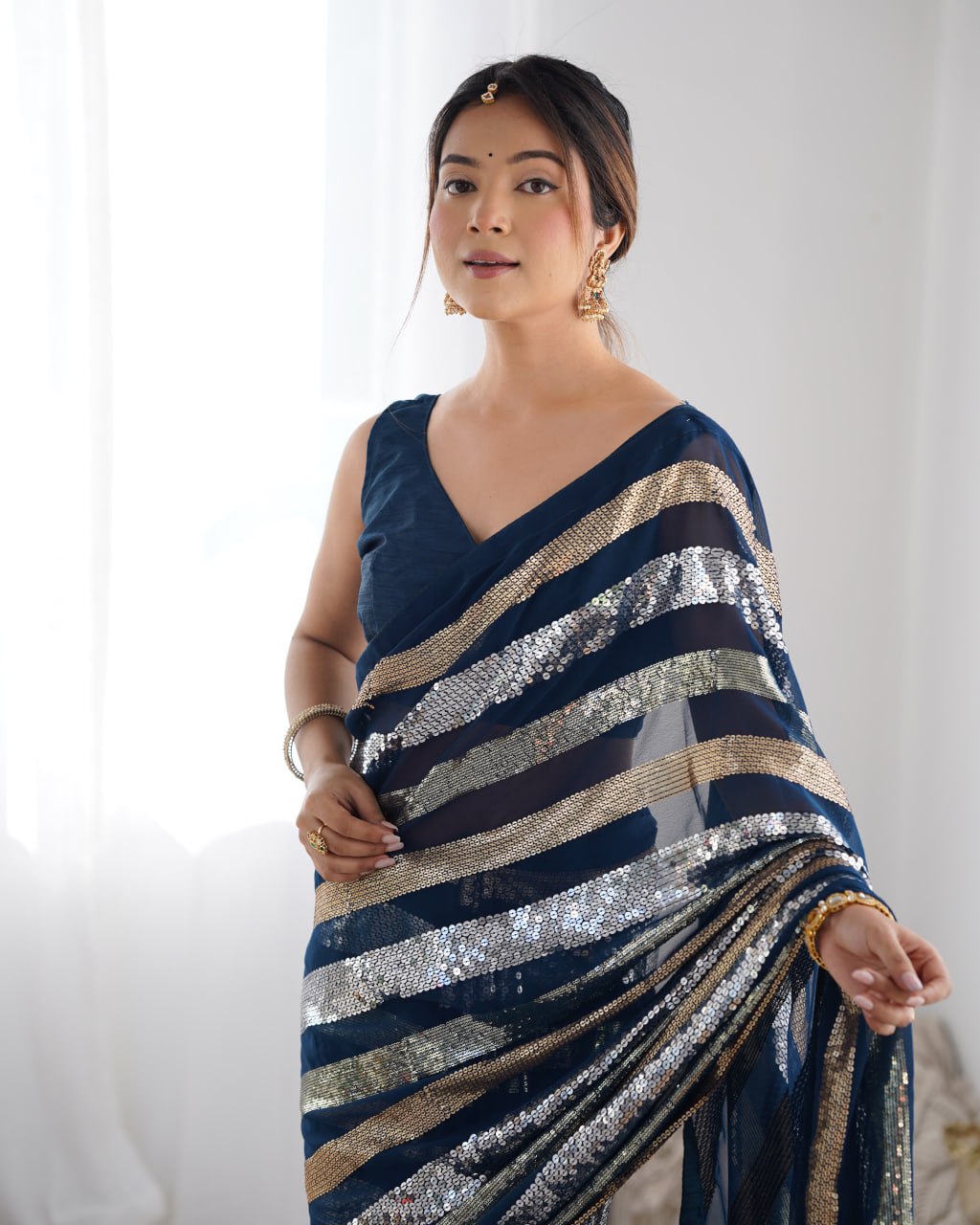 Kira Navy Blue Sequin Embroidery Georgette Saree