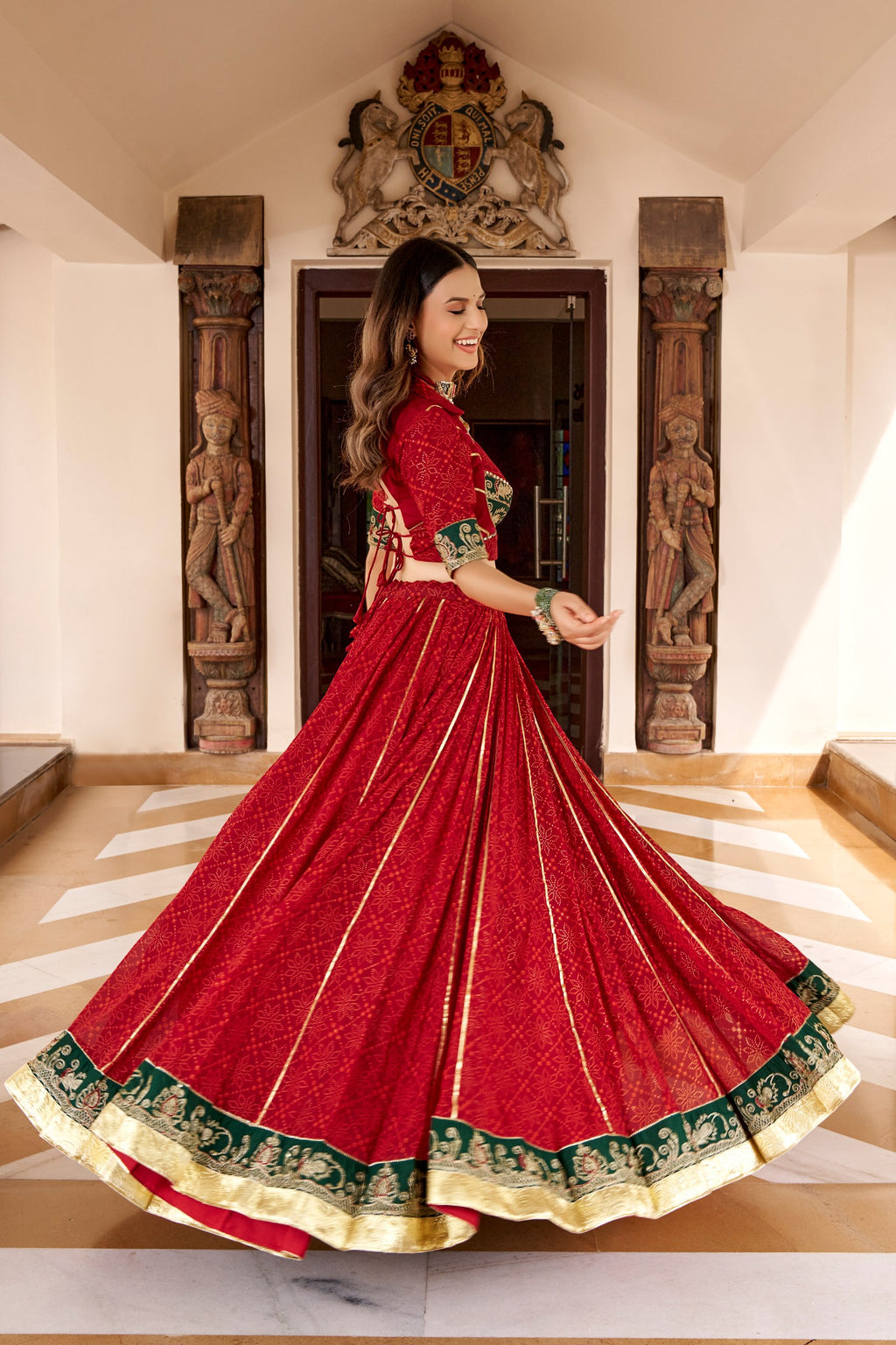 Komal Red Georgette Bandhej Foil Print Lehenga Choli