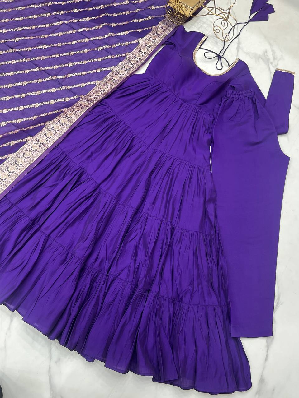 Ashika Roman Silk Flared Purple Anarkali Suit