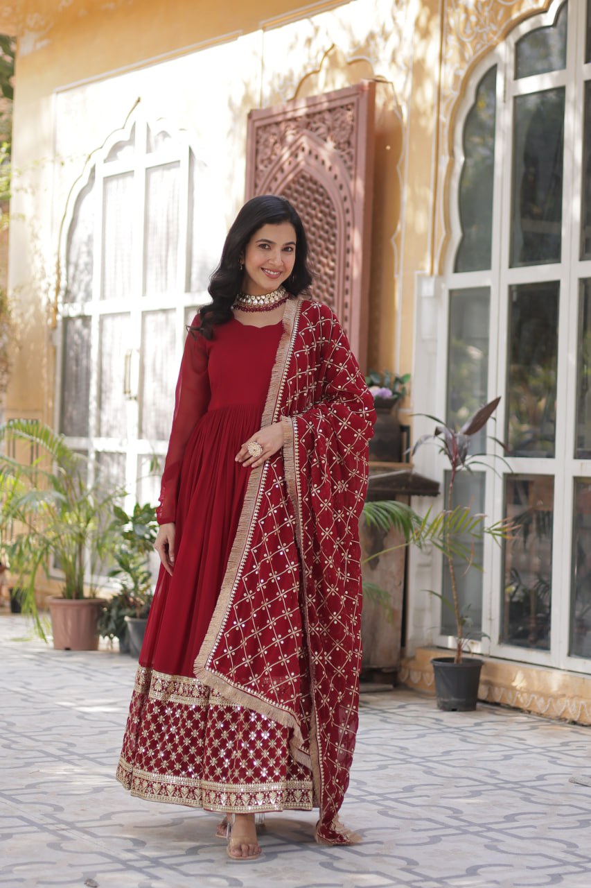 Avishka Maroon Embroidered Anarkali Gown Set