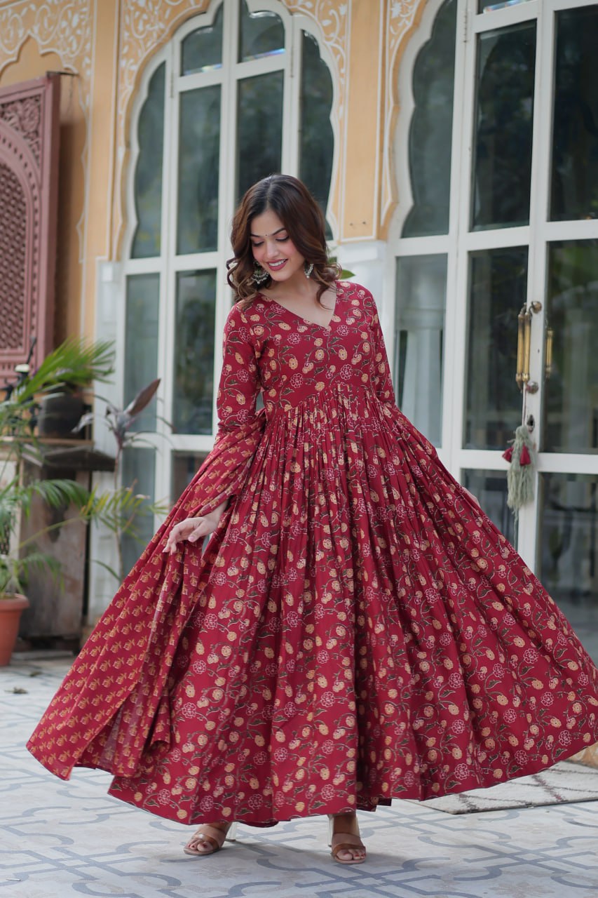 Himalini Red Pure Cotton Anarkali Suit Set