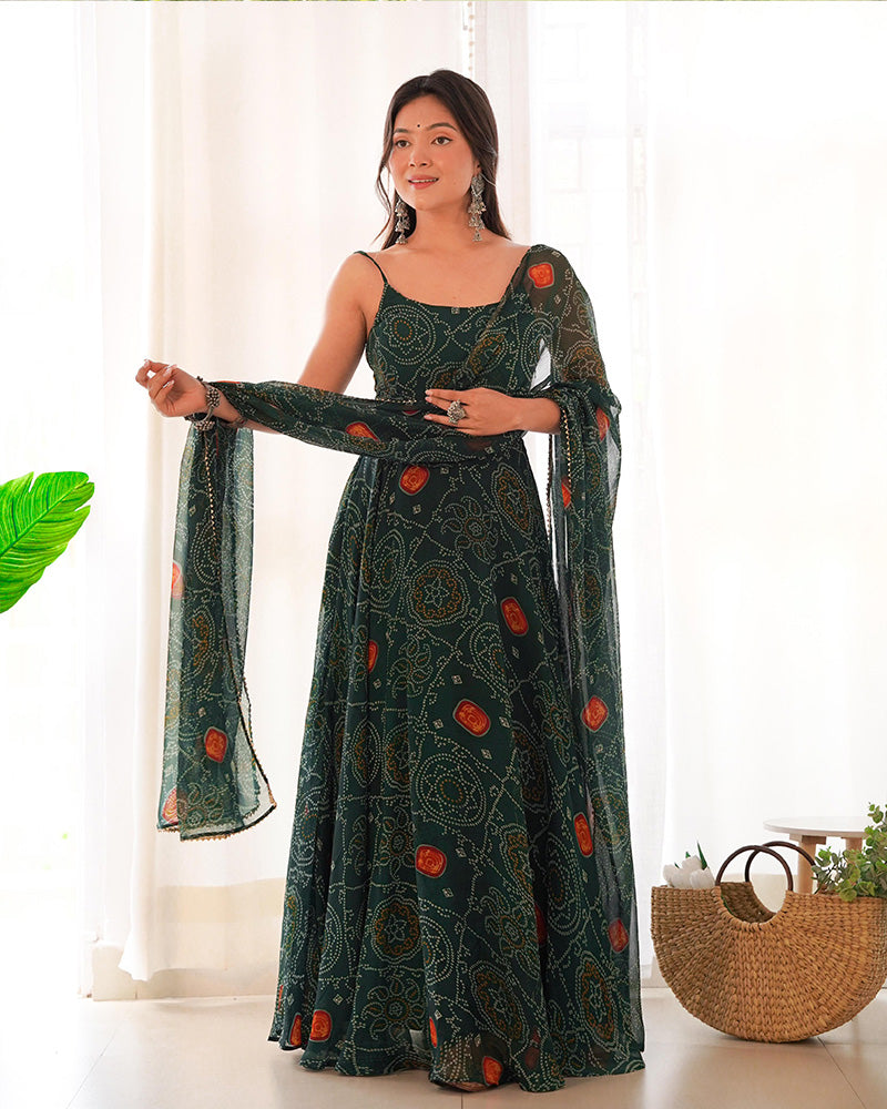 Manmayi green bandhani printed anarkali gown set