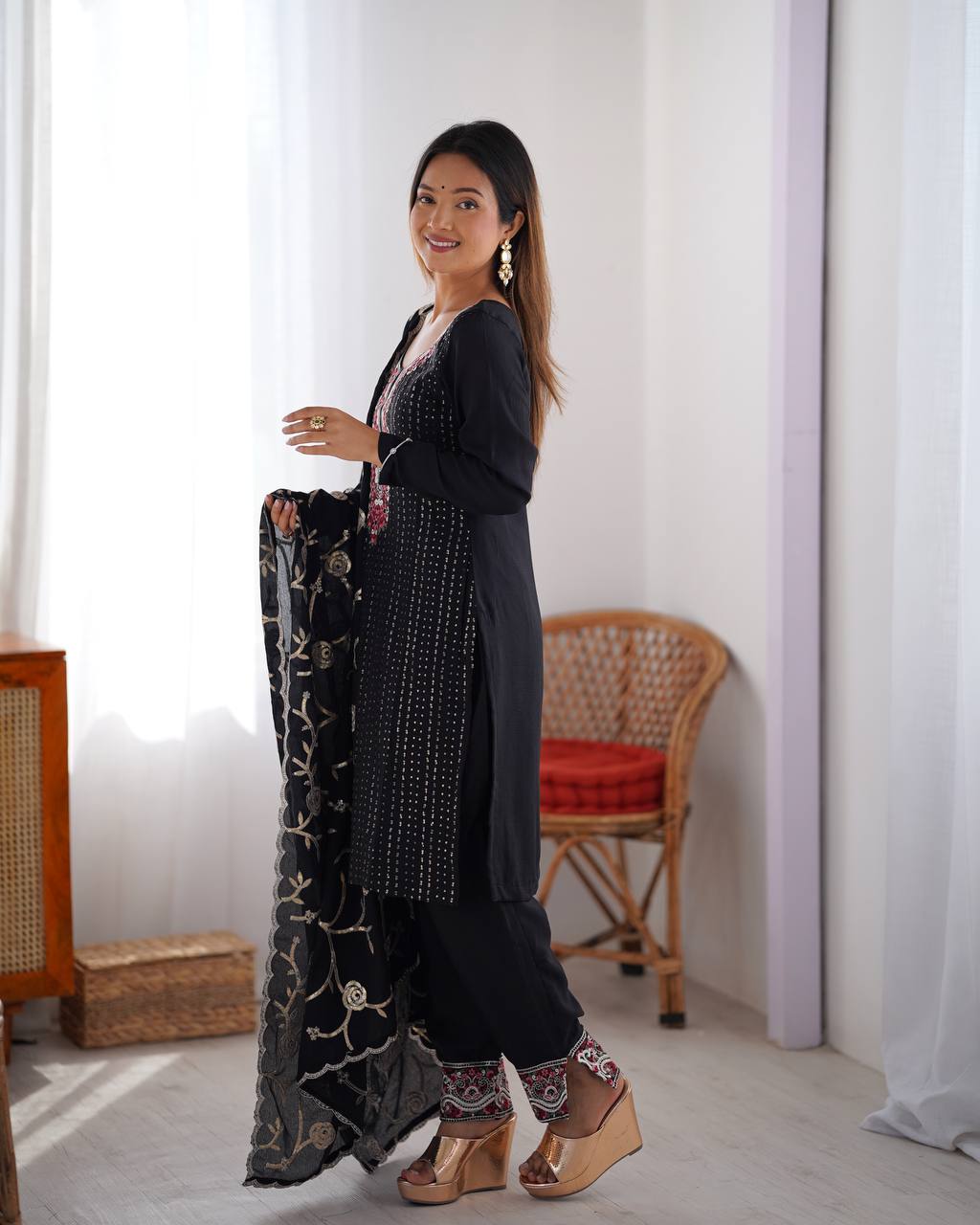 Shop this embroidered kurti with pants and dupatta – a stunning chinon silk ethnic wear, fully stitched kurti set online for festive wear for women.