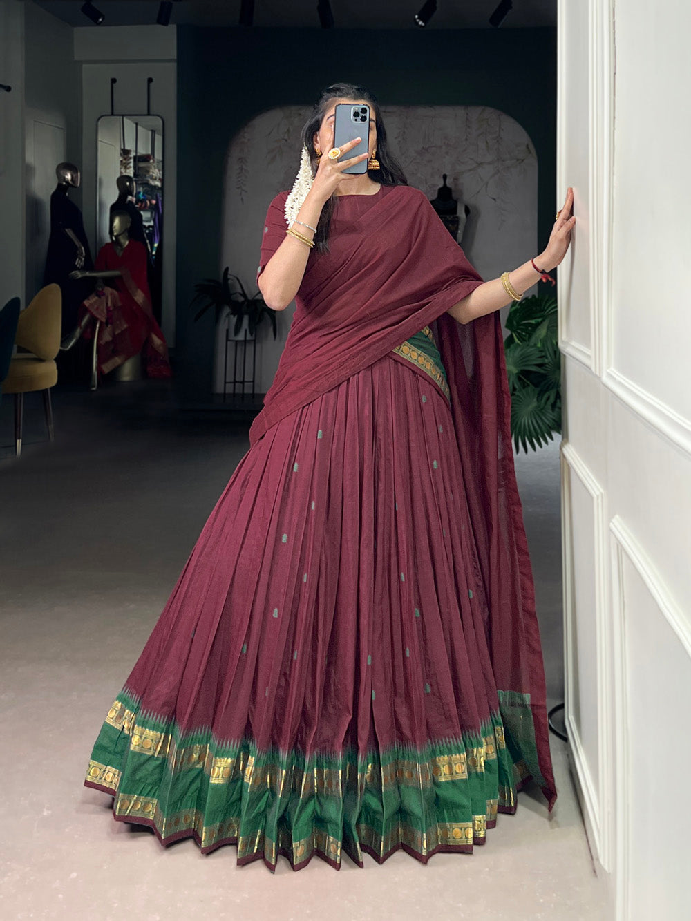 Maroon Chanderi Zari Weaving Work Half-Saree Lehenga