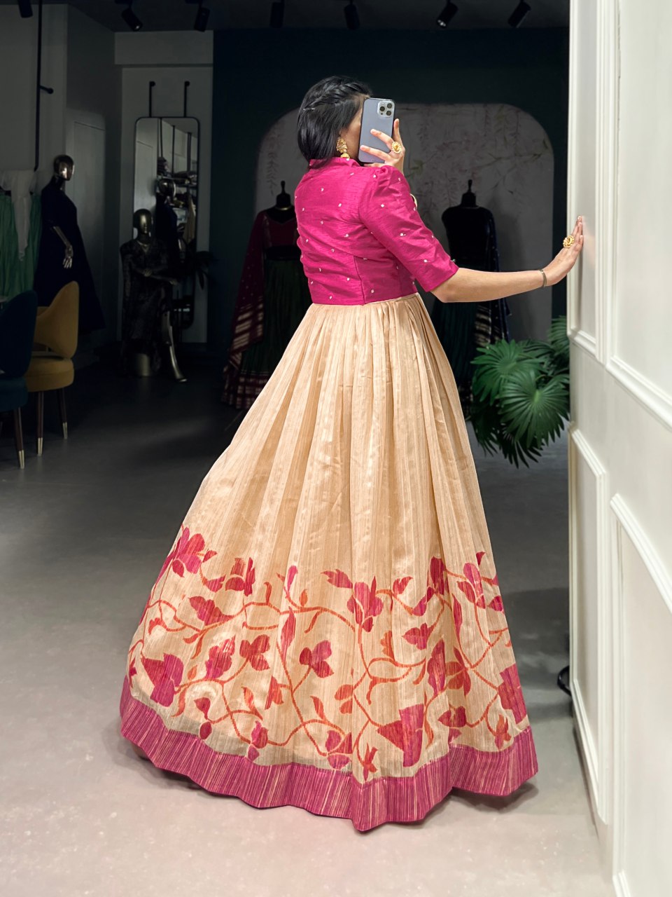 Beige Silk Printed Gown with Embroidered Banglory Koti