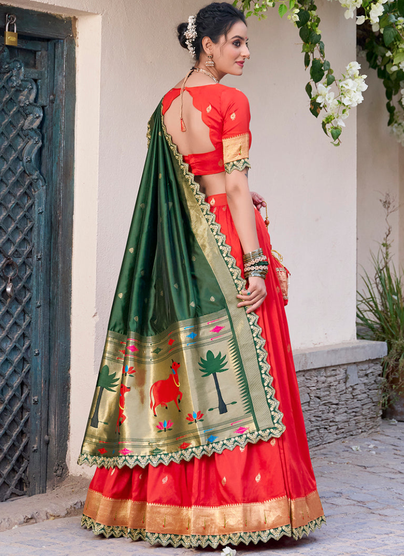 Red Jacquard Silk Paithani Lehenga Choli with Dupatta & Batwa