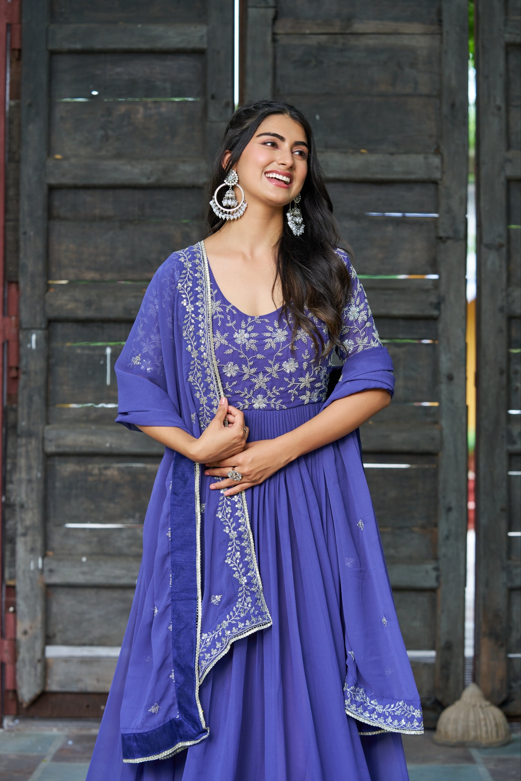 Rahi Lavender Color Faux Blooming Sequins Beads Embroidered Gown with Dupatta