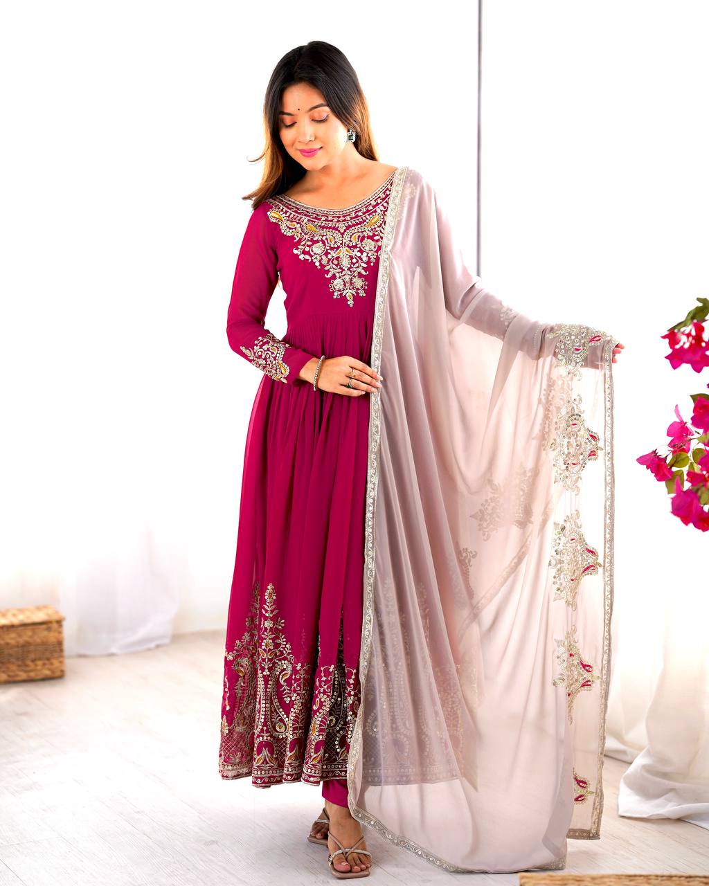 Tejvini Georgette Embroidered Pink Gown