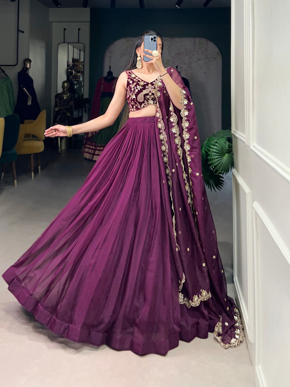 Purple organza silk lehenga with velvet embroidered blouse and dupatta