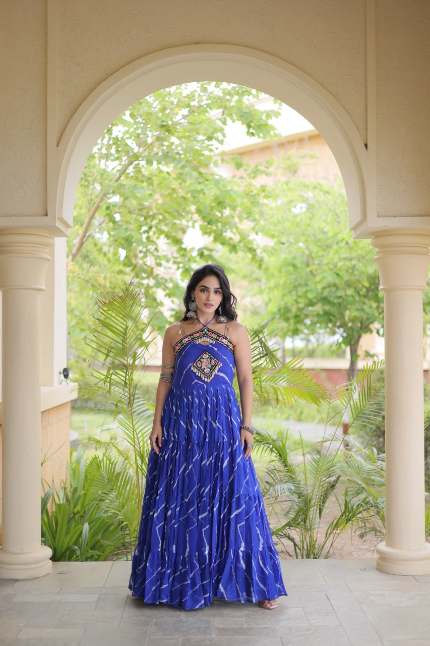 Bhavna Blue Faux Georgette Laheriya Kutchi Patchework Gown