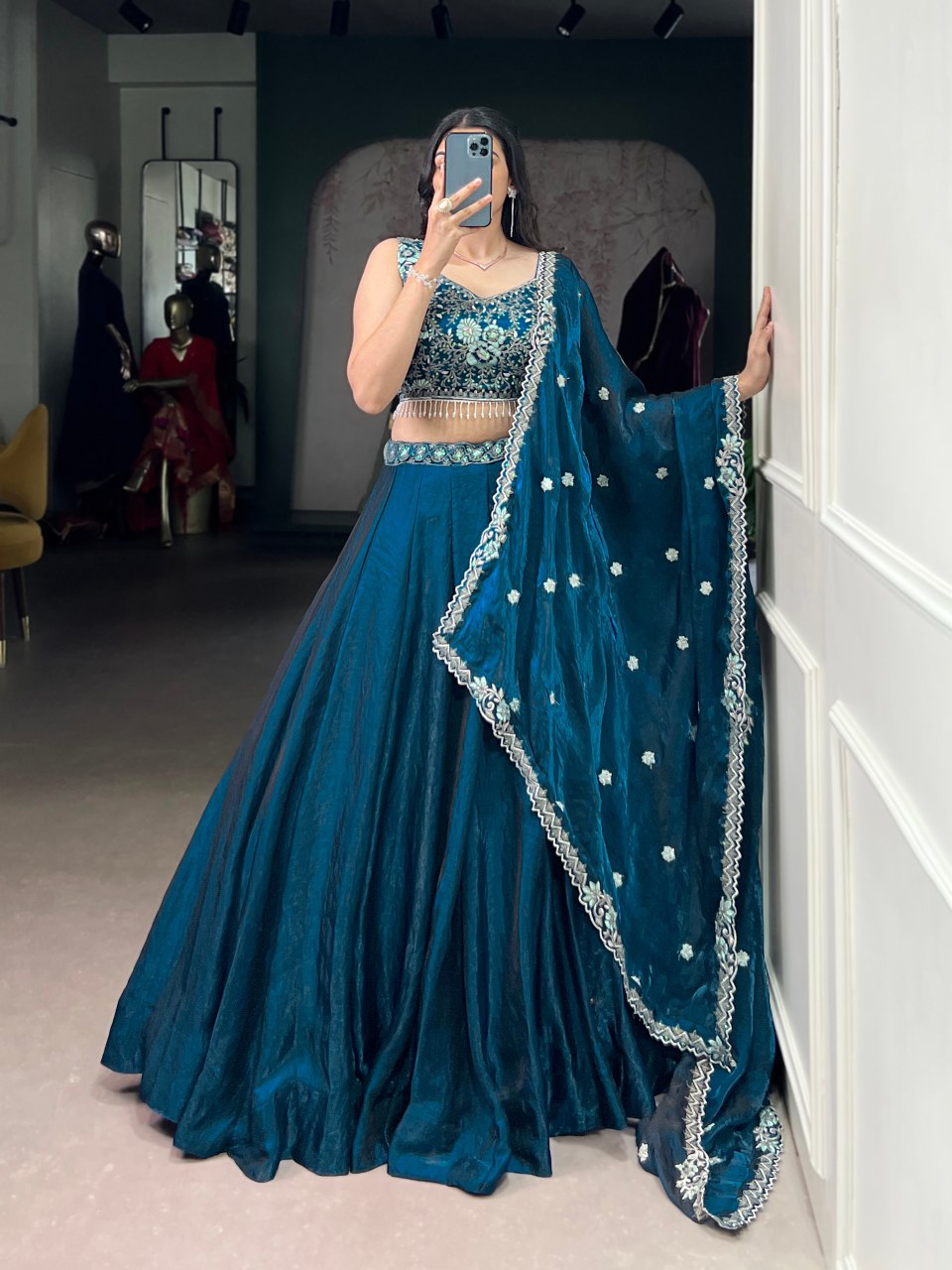 Teal blue fendi silk lehenga choli with embroidery sequins thread work and dupatta