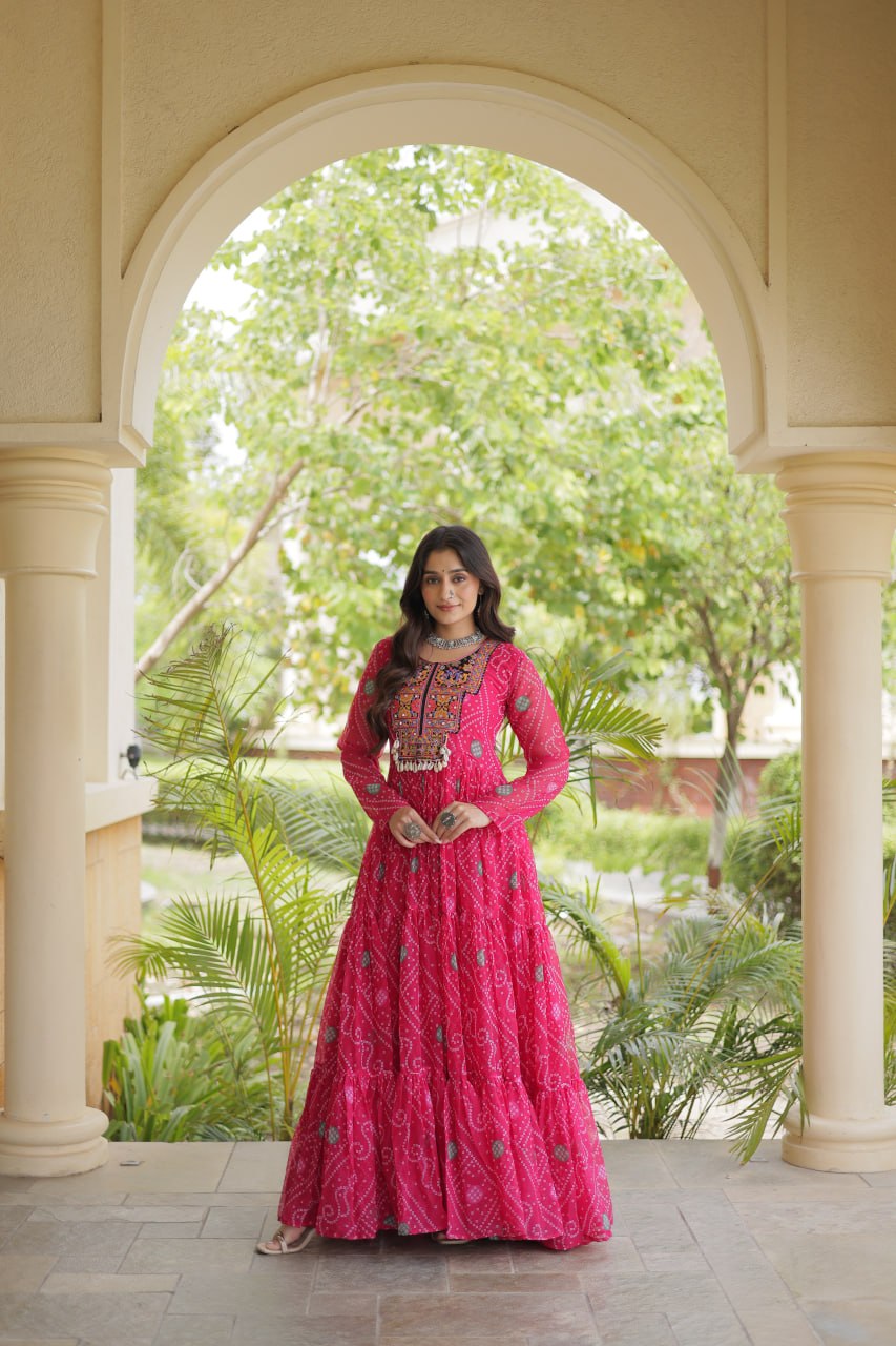 Ira Pink Faux Georgette Bandhani Kutchi Patchwork Gown