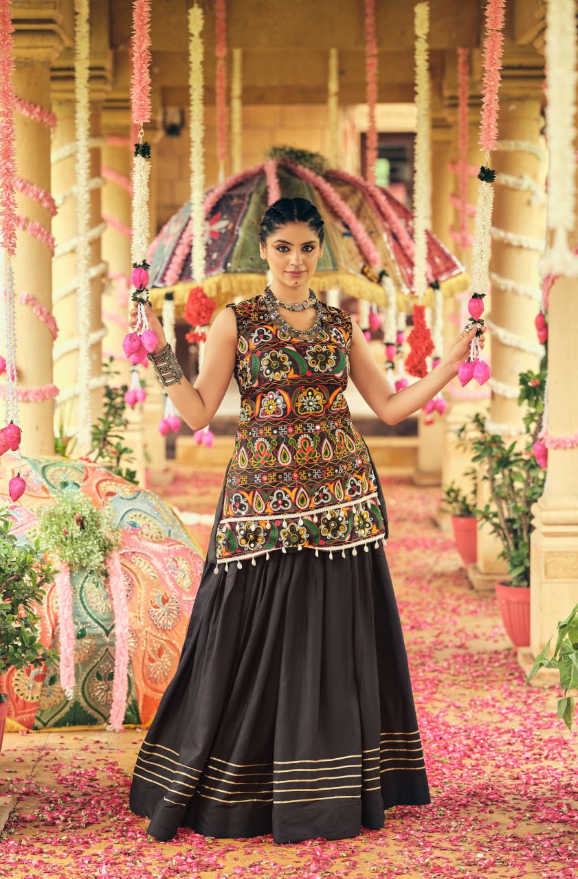 Black Pure Rayon Ribbon Work Embroidered Lehenga Choli