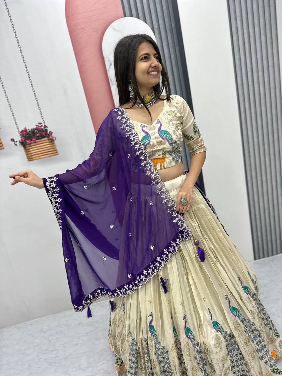 Tarini purple tissue silk embroidered lehenga choli