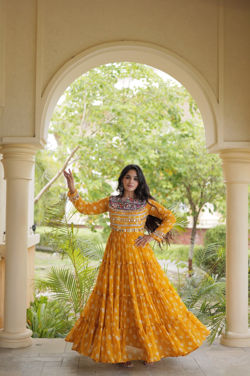 Lavanya Yellow Faux Georgette Bandhani Kutchi Patchwork Gown