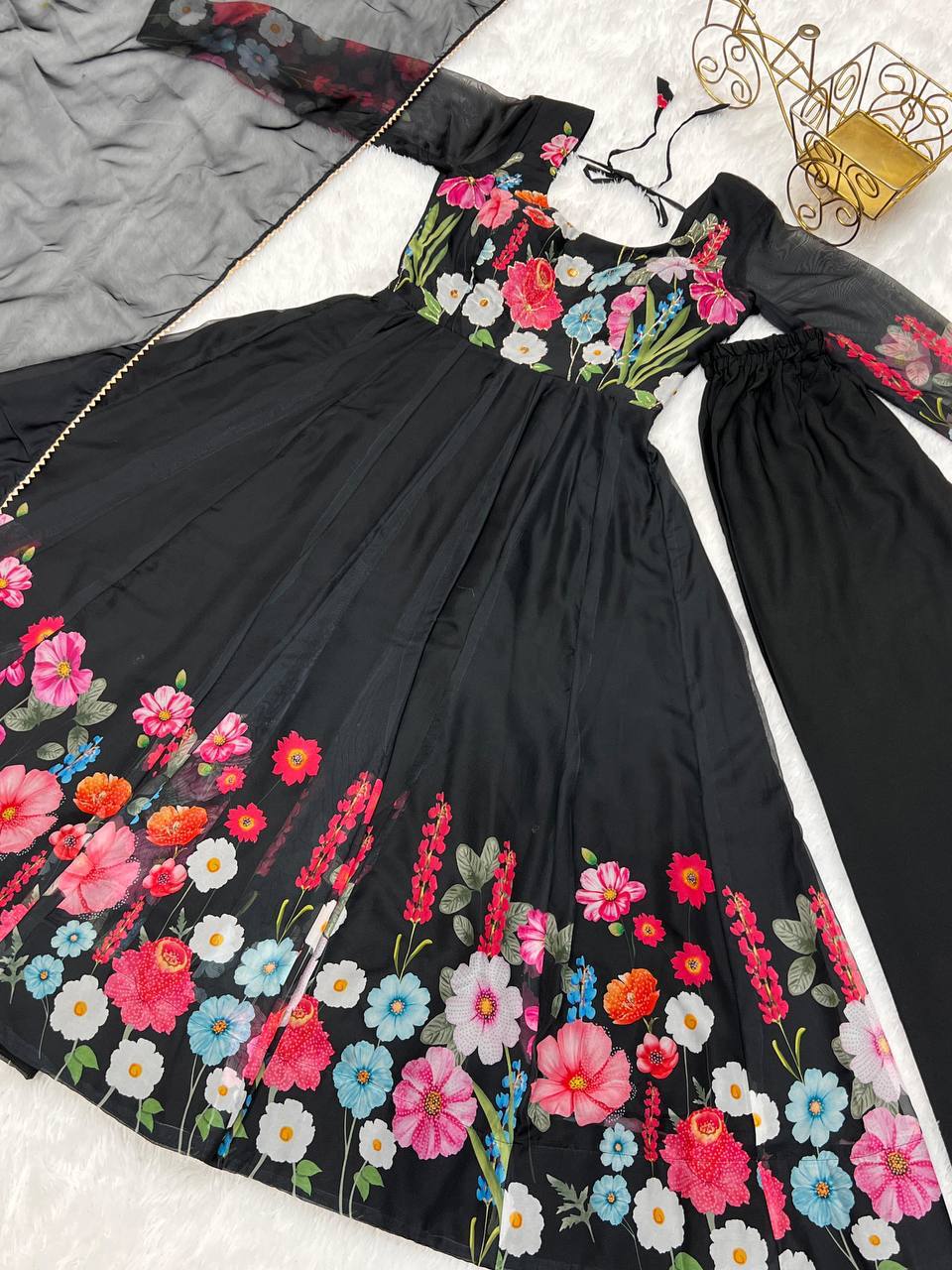 Darshika black organza floral printed anarkali suit set