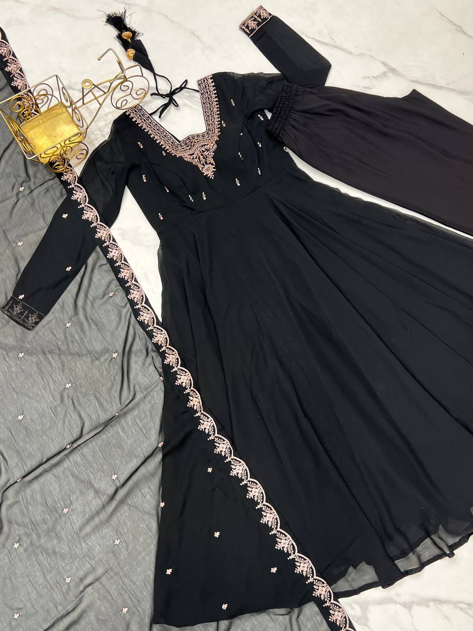 black Anarkali suit in soft Fox Georgette with 6.5-meter flair, beads & zari embroidery, lace sleeves & embroidered dupatta – stitched & ready-to-wear.
