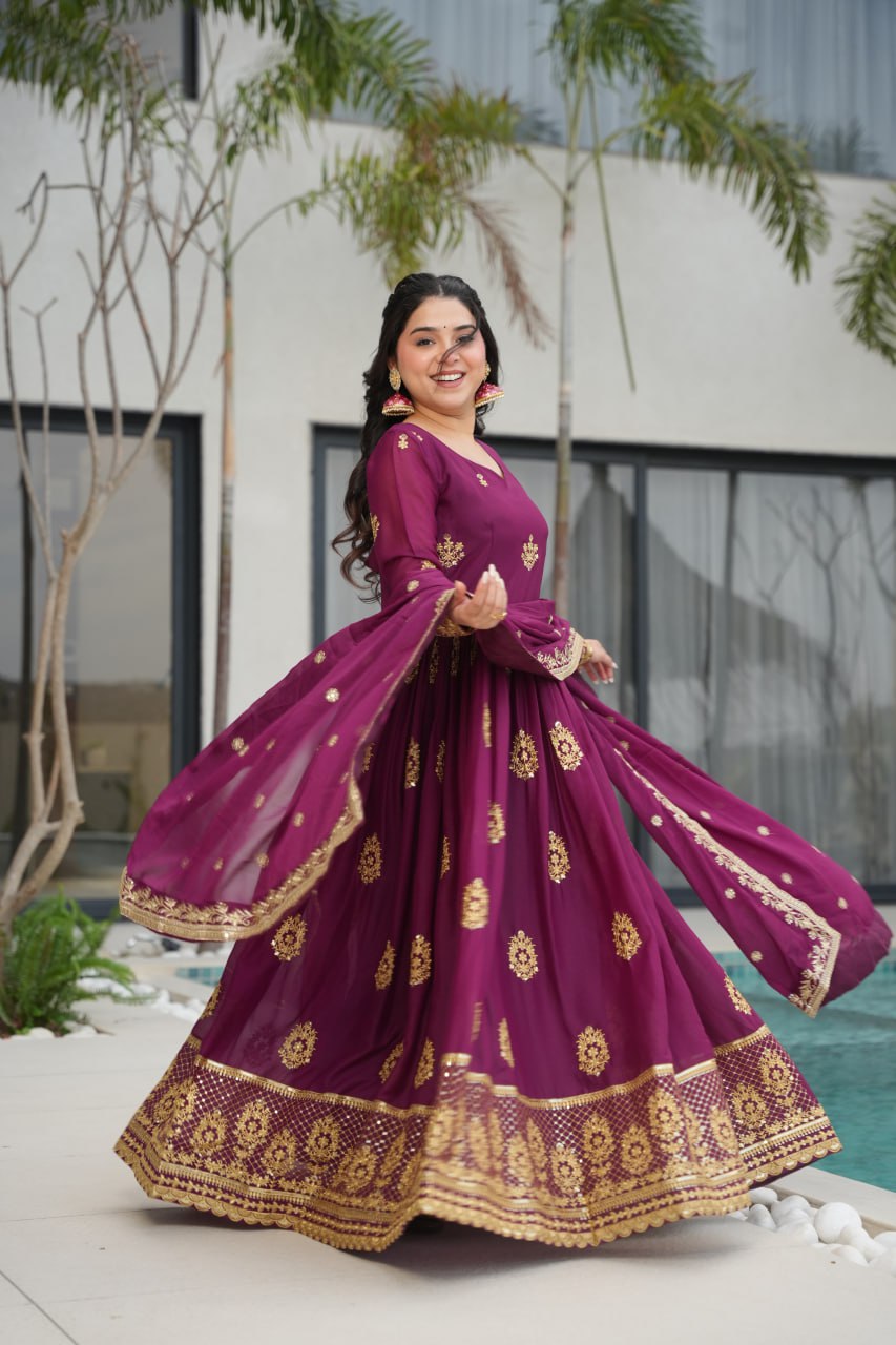 Rudrika Purple Embroidered Gown in soft Star Georgette with intricate zari and sequin work, full-length 56-inch flare gown with matching embroidered dupatta, elegant pan neck design, perfect for weddings and festive occasions