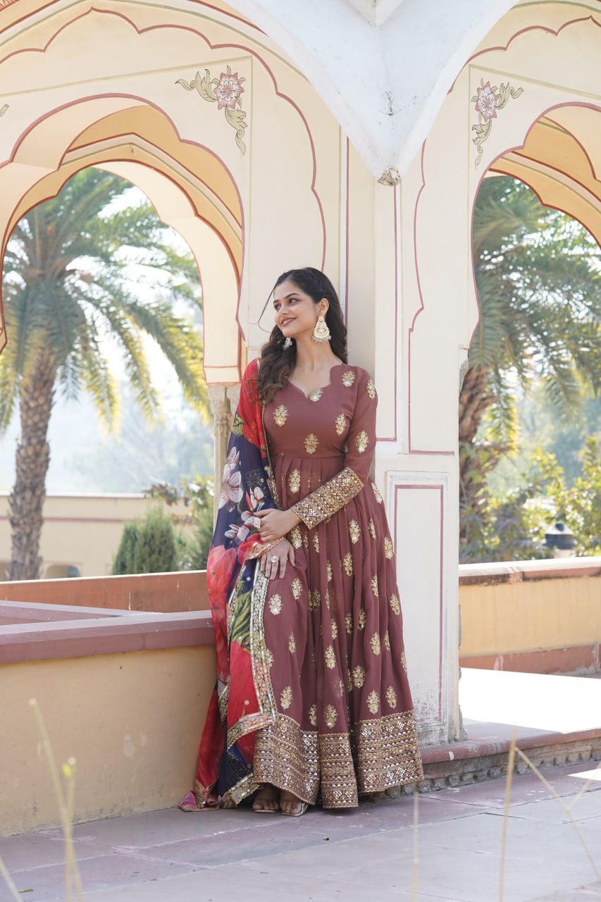 Padmini georgette brown embroidery anarkali gown set