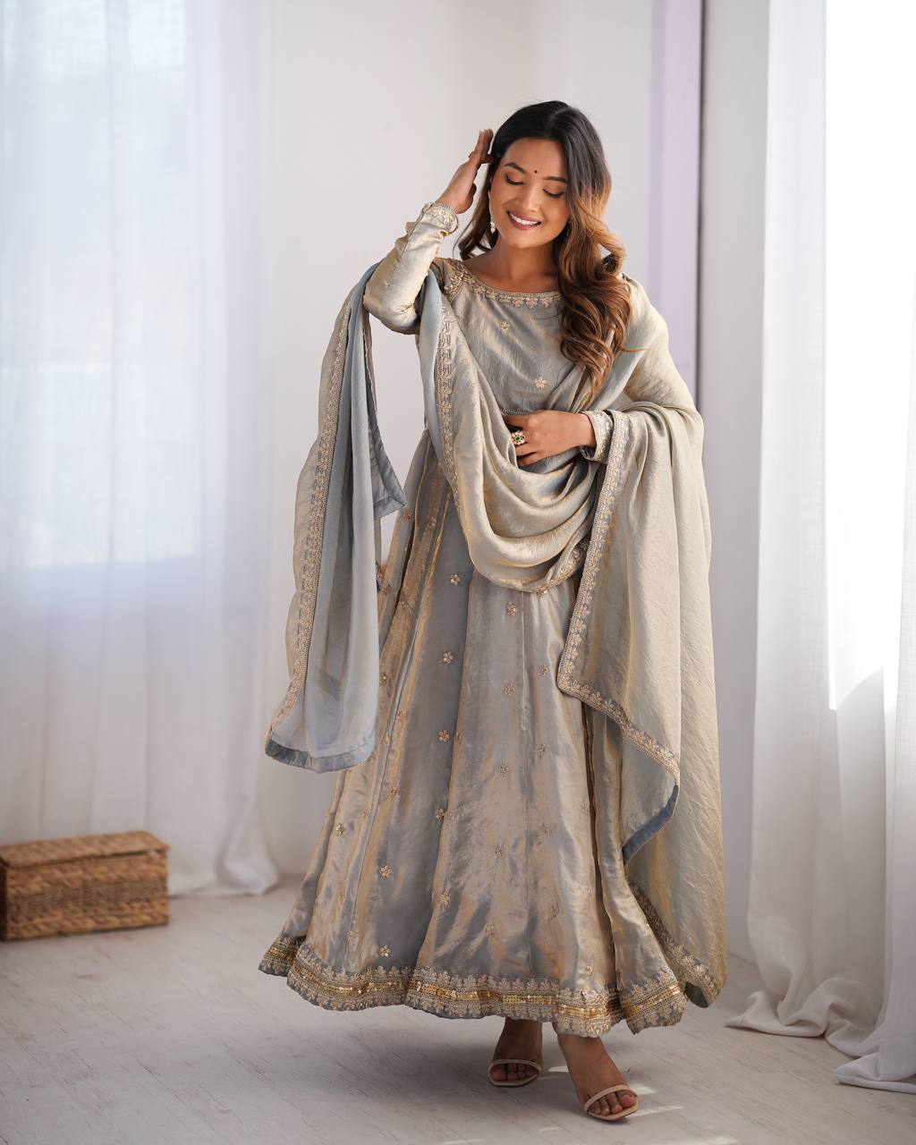 Neelika Grey Anarkali Suit Set – grey designer Anarkali suit for women, embroidered gown with dupatta, plus size ethnic wear, Fandy silk partywear Anarkali, traditional Indian gown set, ready to wear festive outfit, sequin and coding embroidery suit, fully stitched Anarkali gown, wedding guest ethnic dress, elegant Indian party gown for Mehendi and Sangeet.